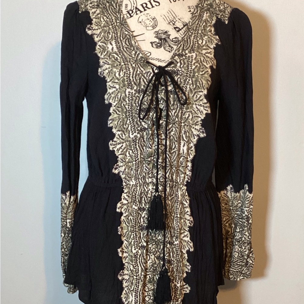 Free People Wildest Moments Boho Tapestry Tunic Lace Up Long Sleeve size…